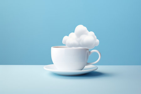 Morning blue background drink nature mug cloud coffee creative white cup food designの素材