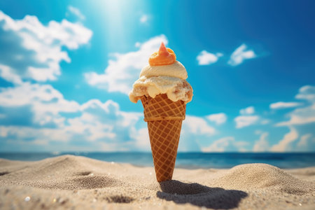 Summer ocean cone cream ice food sweet sand sea vacation beachの素材