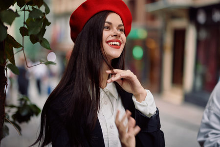 Woman smile with teeth walking around town, stylish fashionable clothes and makeup, spring walk.の写真素材