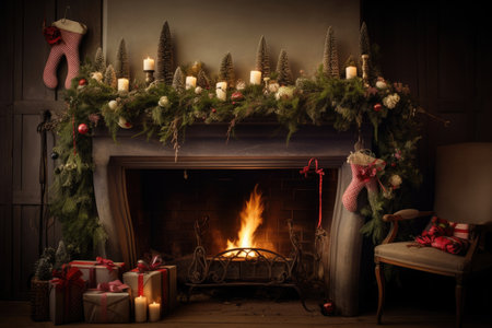 Fireplace december fire winter season celebration red warm holiday tree decorated christmasの素材