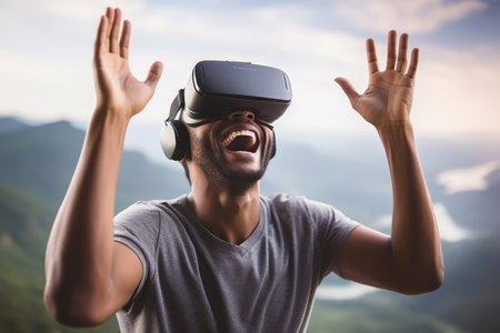 Technology young game device vr reality innovation glasses person headset entertainment virtual modernの素材
