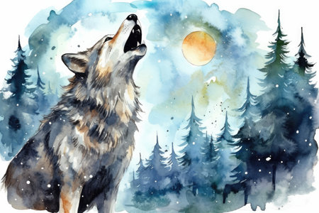 Dog animal nature forest wolf background night illustration moon predator wild howl treeの素材