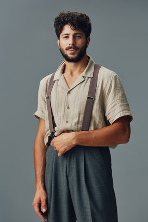 Man fashion person handsome guy casual adult young portrait confidence caucasian shirt background attractiveの写真素材