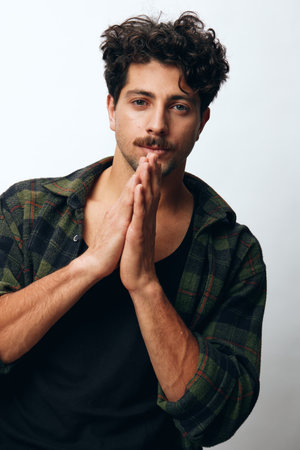 Man face model emotion shirt style trendy portrait smile copyspace hipster young fashion handsomeの写真素材