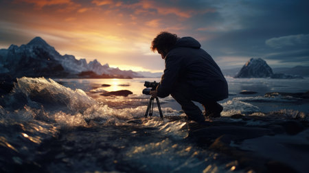 Man professional person travel water sky sea sunset tripod photo nature camera picture photographの素材