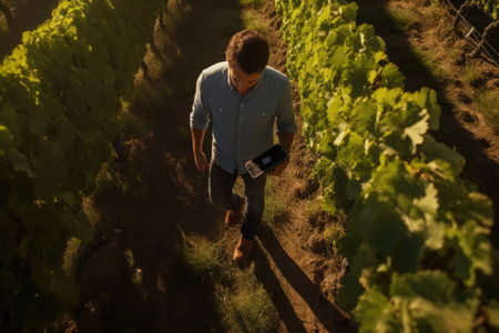 Man vine vineyard field green agriculture winegrower person summer farmer farming winery landscape natureの素材