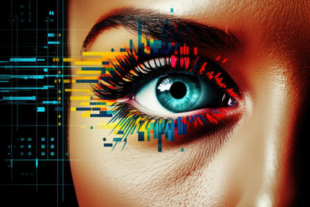 Woman human vision female concept futuristic digital technology look iris face science eyeの素材