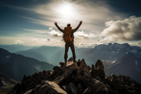 Traveler adventure nature sky mountain freedom person sunset peak hikingの素材