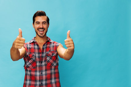 Man trendy plaid arm friendly confident crossed guy blue travel smile attractive happy background...