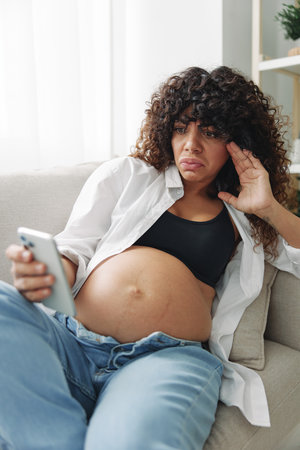 Pregnant woman blogger sits on the couch at home and takes pictures of herself on the phone, selfie...