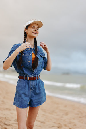Summer Bliss: Pretty Caucasian Female Enjoying a Tropical Beach Vacation with Attractive Style and...