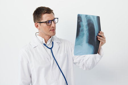 Diagnosis man clinic x-ray stethoscope radiologist doctor physician hospital health practitioner manの写真素材