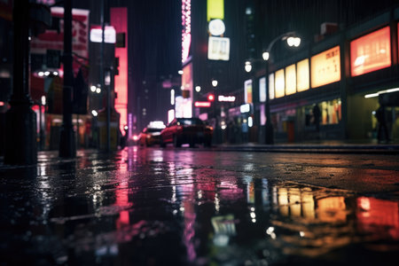Night city architecture road people street urban building traffic wet dark rain businessの素材
