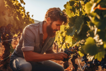 Vineyard man grapes farmer agricultural vine wine harvest male vintner winery farmingの素材