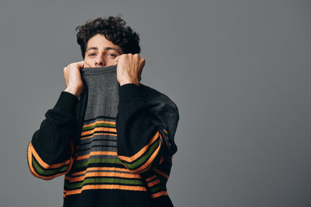 Man copyspace handsome sweater person hipster portrait happy trendy young smile face fashionの写真素材