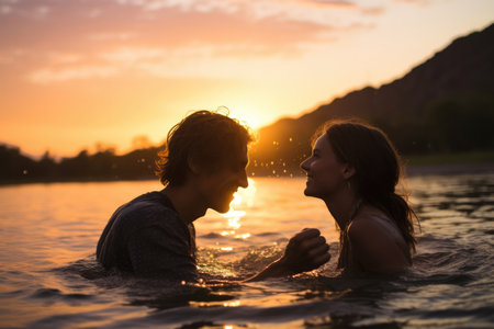 Woman man female couple happy romance love people romantic beach water summer girlfriend together vacationの素材