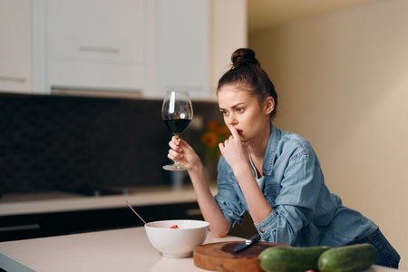 Alone at Home: Sad Young Caucasian Woman Holding a Glass of Wine in the Kitchenの写真素材