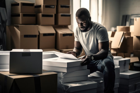 Boxes man post order courier shipping parcel job delivery cardboard business distribution packageの素材