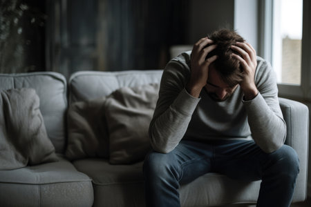 Man stress pain adult problem person sad home depressed young emotional alone unhappyの素材