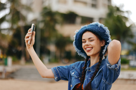 Urban Beauty: Attractive Young Woman Taking a Selfie Outdoors with her Smartphone, Capturing the Vibrant City Backgroundの写真素材