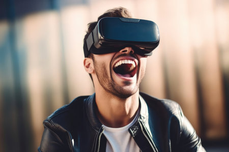 Man virtual male headset device innovation modern vr entertainment reality technology digitalの素材