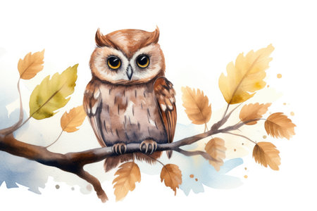 Tree wildlife animal watercolor art owl design nature illustration bird wild cuteの素材