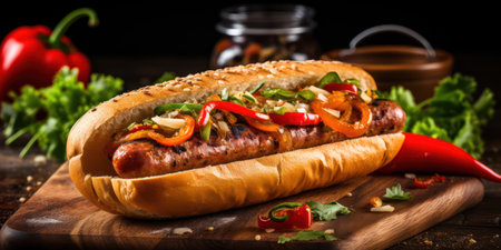 Grilled Meat Sandwich with Tasty Mustard and Ketchup Sauce on Traditional Bun: A Delicious Fast Food Lunch on a Wooden Background.の素材