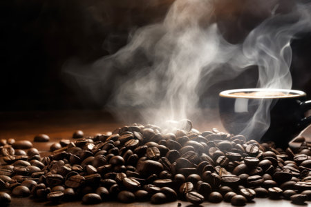 Dark Roast Espresso: A Rich, Aromatic Morning Energy Boost on a Vintage Wooden Tableの素材