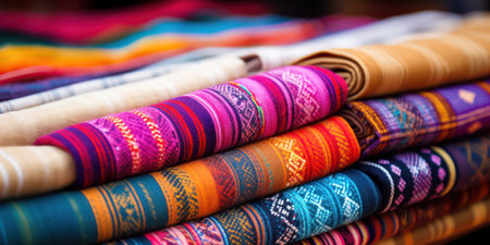 Colorful Hand-Woven Textile Souvenir: Vibrant Emotions and Traditional Backgroundの素材