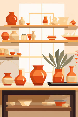 Decorative Pottery: Clay Vase, Ancient Ceramic Art Illustration with Colorful Design and Retro Style, on White Backgroundの素材