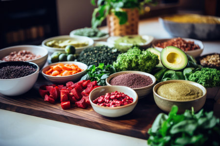 Fresh Organic Vegetarian Salad with Colorful Raw Ingredients on Wooden Kitchen Tableの素材