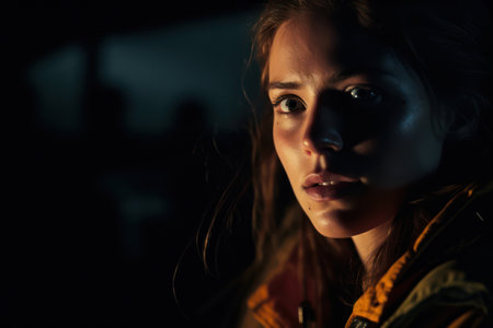 Lonely Caucasian Woman, Sad and Depressed, Looking at Night Through the Window, Portrait in Studio with Dark Backgroundの素材