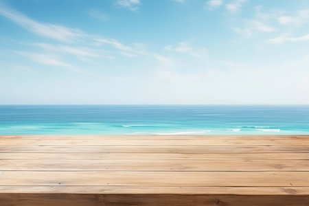 Blue Summer Sky: Tropical Beach, Wooden Board, and Clear Ocean Waters on a Beautiful Coastal Vacationの素材