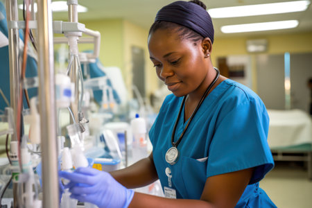 Friendly African American Female Doctor Sitting in Office, Using Stethoscope on Beautiful Patient - Healthcare and Medicine Imageの素材