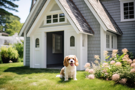 Lovely Canine Home: A Cute White Puppy Smiling in a Beautiful Wooden Doghouse, Surrounded by Green Grass and Natureの素材