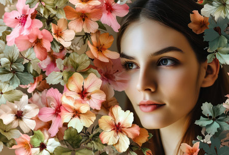 Blossoming Beauty: A Captivating Young Female Model with Floral Hair Posing in a Fresh Gardenの素材