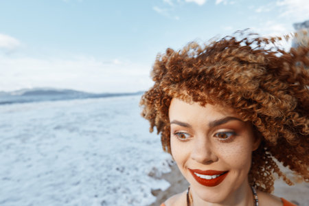Cheerful Afro-Curly Lady Enjoying Summer in the City: Happy, Attractive Woman with a Pretty Smile,...