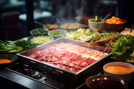 Delicious Japanese Gourmet: Hot Raw Yakiniku Beef Plate with Fresh Korean Kimchiの素材