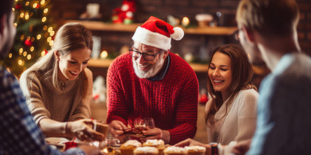 Merry Christmas: Happy Family Celebration at Cosy Home with Smiling People, Festive Decorations, and Delicious Dinnerの素材