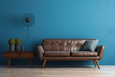 Minimalistic Scandinavian Design: A Cozy and Comfortable Living Room in Contemporary Style with Modern Furniture and Decorative Elements, featuring a White Sofa, Wooden Floors, and a Blue Table Lamp, Enhanced with Green Indoor Plants.の素材