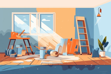 Renovation: Transforming an Empty Room into a Modern Interior with Professional Workers and Tools, against a Wooden Wall.の素材