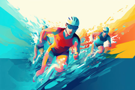 Speeding Cyclists in a Thrilling Summer Race: Illustration of Fit Athletes Competing in a Fast-Paced Bicycle Competition on a Road with a Silhouette of a Professional Male Cyclist leading the Group on a Health-driven Action-packed Tourの素材