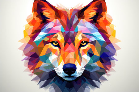 Wild Wolf: An Abstract Illustration of a Majestic Predator with Colorful Fur, Piercing Blue Eyes, and a Beautifully Detailed Face on a Low-Poly Backgroundの素材