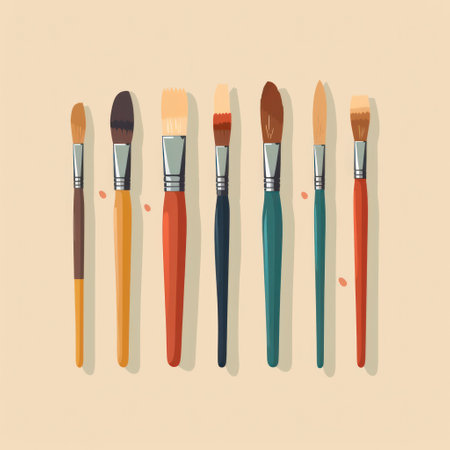 Creative Brushwork: A Vintage Artists Tool Set on a White Wooden Table with Dirty Acrylic and Oil Paints, Evoking Nostalgic Emotions in a Studio Backgroundの素材