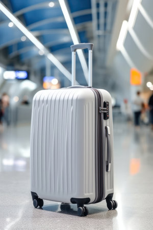 Busy Business Traveler Waiting at Modern Airport Terminal with Luggage, Lost Baggage and a View of Airplanes on the Backgroundの素材