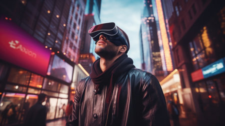 Man futuristic goggles male person technology background virtual neon young light device reality modernの素材