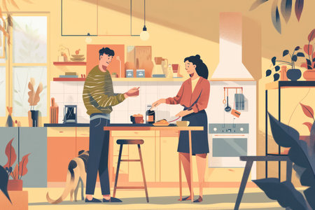 Happy Couple Enjoying Romantic Dinner in Colorful Cartoon Kitchen Interiorの素材