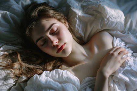 Serene beauty: A young woman waking up peacefully in a comfortable white bedの素材