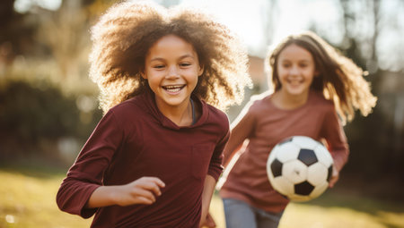 Happy Children Playing Soccer with Smiling Mother in a Fun Outdoor Family Gameの素材