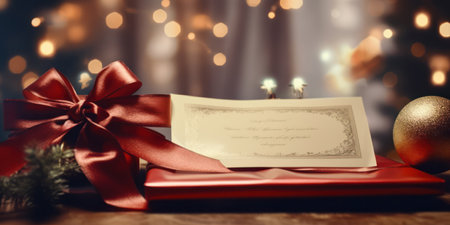 Festive Celebration: A Sparkling Gift Box with a Golden Bow on a Bright Red Background, Creating a Merry Christmas and New Years Surprise!の素材